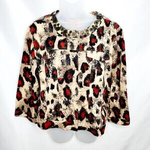 Ruby Rd Red Leopard 3/4 Sleeve Light Weight Snap Front Women's Jacket Size 14